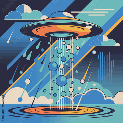 Flying Saucer Encounter Illustration in Modern Geometric Style Landing Over Water Space Theme Artwork