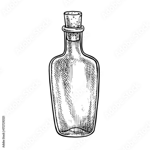 Bottle of alcoholic beverage. Vector graphic illustration. Hand-drawn black and white image. Ideal for menus, banners, flyers, packaging, and labels.