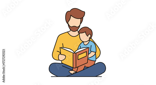 Father reading book to child, illustrating family bonding, parenthood, education, and quality time at home, vector illustration isolated on transparent background.