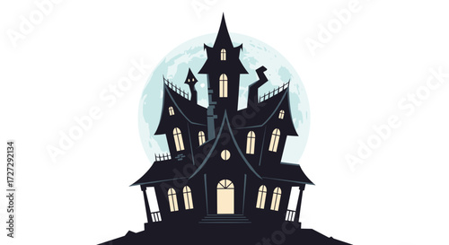 Spooky haunted house with glowing windows against a full moon, creepy Victorian mansion vector for Halloween design, isolated on transparent background.