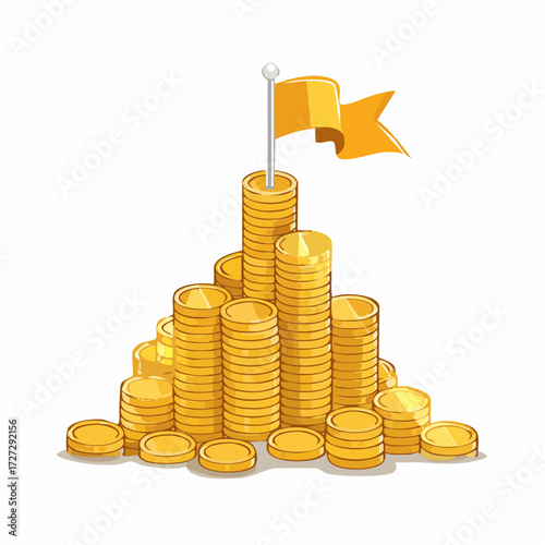 A stylized illustration depicting a mountain of shiny golden coins with a triumphant golden flag planted at its peak, symbolizing financial success and achievement.