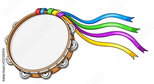 Vibrant musical tambourine with colorful flowing ribbons, ideal for festive celebrations. Detailed vector illustration, svg, isolated on transparent background.