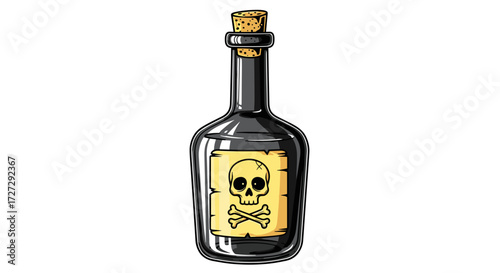 Vintage poison bottle with a skull and crossbones label, cork stopper, and dark liquid inside, isolated on transparent background, vector illustration, svg.