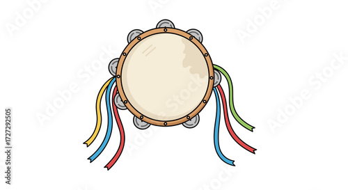 A lively tambourine, a percussion instrument with jingles and vibrant ribbons for festive events, isolated on transparent background vector illustration SVG.