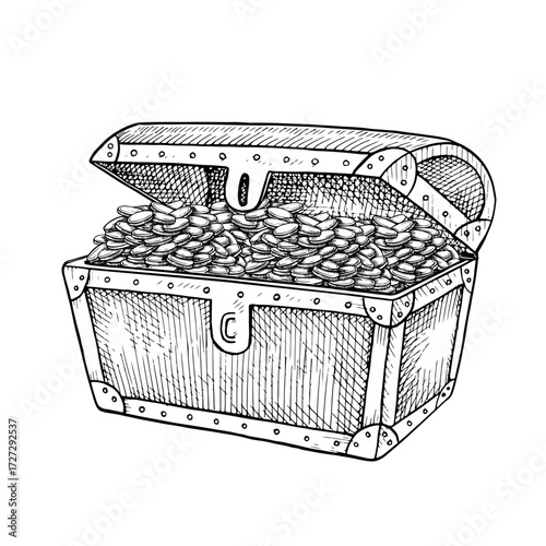 An old chest with gold coins. Black and white graphics, vector illustrations. Hand-drawn illustrations. For children s games and celebrations. For stickers, posters and banners, packaging, and more.