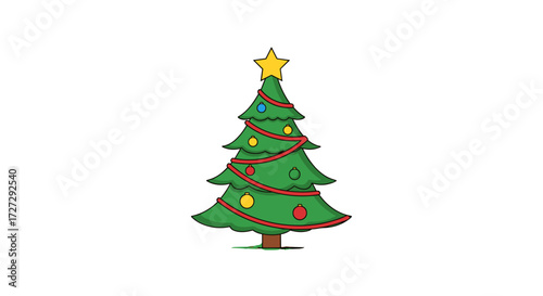 Cartoon decorated Christmas tree with star, ornaments, and tinsel. A festive evergreen vector illustration. Isolated on transparent background. SVG.