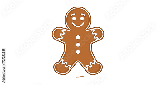 Smiling gingerbread man cookie, cheerful sweet festive holiday treat, baked dessert vector illustration svg isolated on transparent background.