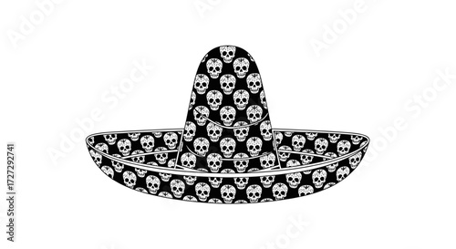 Decorative sombrero hat adorned with traditional skull patterns, celebrating Mexican culture and Día de los Muertos festivities, vector illustration isolated on transparent background.