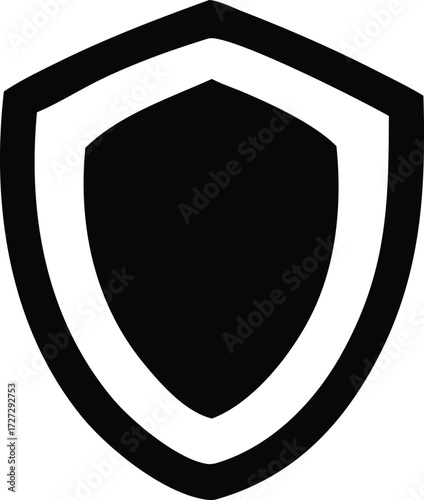 Bold black shield symbol for security protection safety assurance and defense graphics representing trust and strength in a simple iconic design