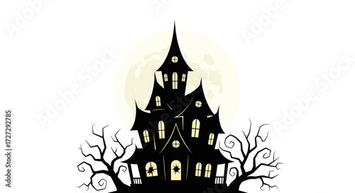 Creepy haunted house vector illustration with a bright full moon, isolated on a transparent background, perfect for Halloween events, scary designs, and spooky SVG graphics.
