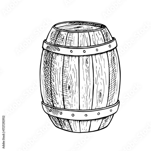 Vector wooden barrel. Hand drawn vintage illustration in engraved style. Alcohol, wine, beer or whiskey old wood keg. Great for pub or restaurant menu, label, poster, logo.