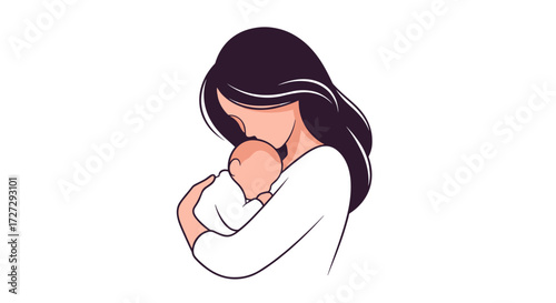 A loving mother gently embracing her newborn baby, symbolizing the precious bond of family and maternal love. Vector illustration, svg, isolated on transparent background.