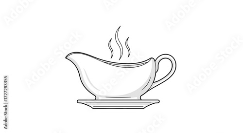 A classic elegant white ceramic gravy boat with gracefully curved handle and distinct pouring spout, isolated on transparent background, vector illustration, svg.