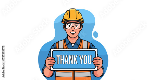 Professional construction worker in safety gear holding a 'Thank You' sign, an inspiring vector illustration isolated on transparent background svg.
