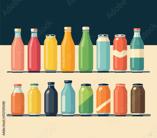 Colorful Juice Bottles on Shelves, Minimalist Style
