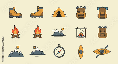 Explore the thrill of the outdoors with this flat design icon set, featuring minimalist illustrations of adventure travel and outdoor exploration. Perfect for conveying excitement and discovery.