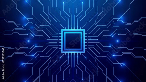 Neon‑Framed CPU on Circuit Board, Abstract AI Chip and Semiconductor Animation on Blue Tech Background, Futuristic Digital Motion Video for Big Data, Smart Systems, Artificial Intelligence