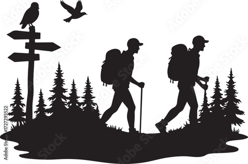 Two hikers with backpacks and trekking poles walking through a forest with a signpost and birds