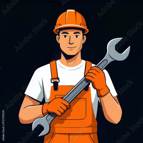 Confident Mechanic with Wrench in Orange Overalls