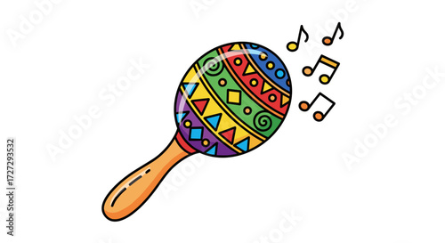 Colorful maraca percussion with vibrant patterns and musical notes for festive design. SVG vector, isolated on transparent background.