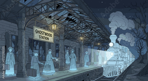 Mysterious ghost train arrives at an abandoned vintage station platform at night with spectral passengers. Vector illustration svg isolated on transparent background.