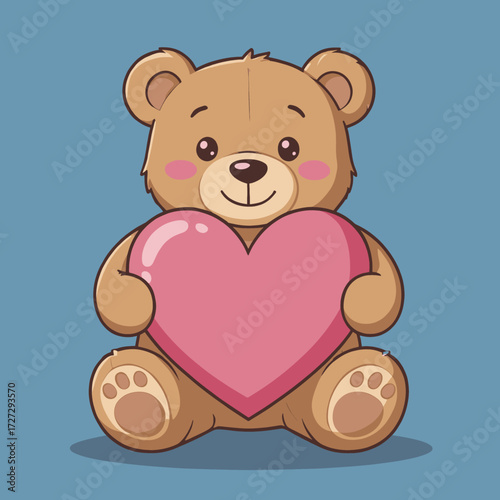 Cuddly Brown Bear Holding Pink Heart on Blue Background