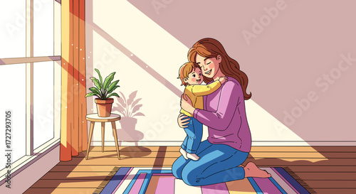A loving mother tenderly embracing her young child in a warm, sunlit room by a window. A heartwarming family moment vector illustration for lifestyle. svg