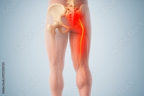 3D medical rendering of sciatica showing posterior full leg from lower back to heel, sciatic nerve in yellow with red pain path brightest at gluteal exit fading down thigh, muted pink muscles
