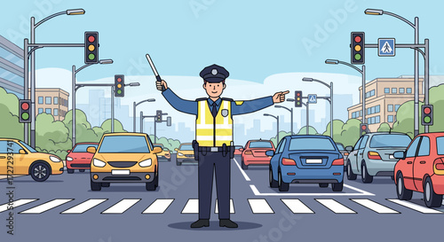Police officer directing busy city traffic at an urban intersection with cars, crosswalk, and buildings, vector illustration, svg, isolated on transparent background.