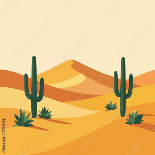 Desert Dunes with Cacti under Golden Sun