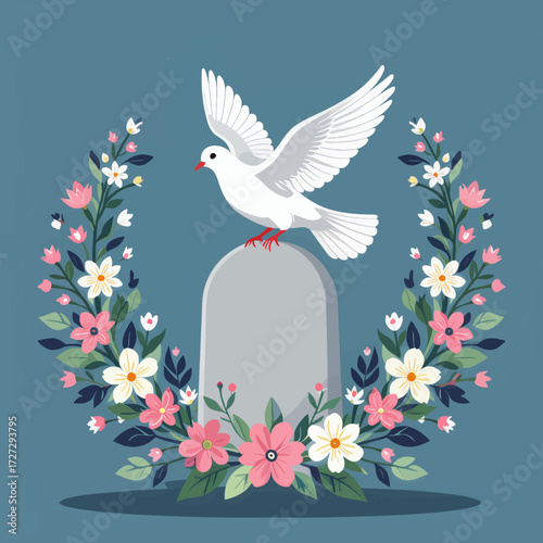 Dove on Headstone Surrounded by Blooming Flowers