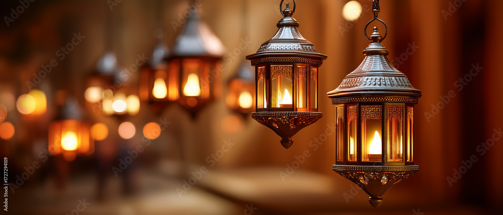 Fototapeta premium Courtyard lanterns glow warmly