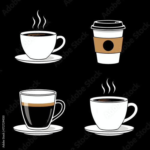 Four Types of Coffee Cups on Black Background