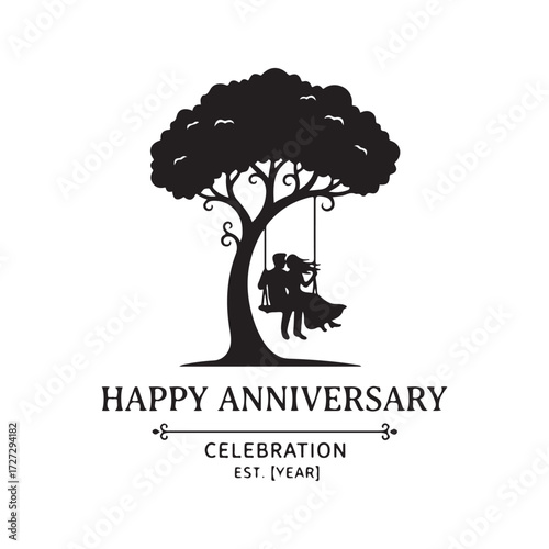 Obraz na plátně Couple on swing silhouette under tree with anniversary text