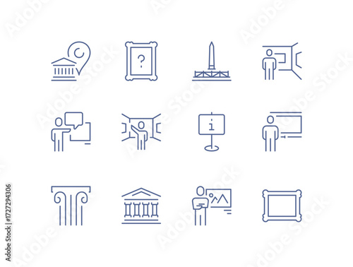 Museum icon set, ancient column, historical building, exhibition guide, picture frame, tour ticket, art gallery, visitor group, landmark monument, cultural heritage, information sign flat vector.