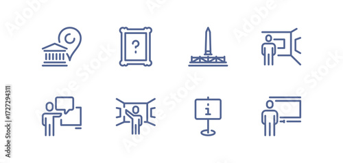 Museum icon set, ancient column, historical building, exhibition guide, picture frame, tour ticket, art gallery, visitor group, landmark monument, cultural heritage, information sign flat vector.