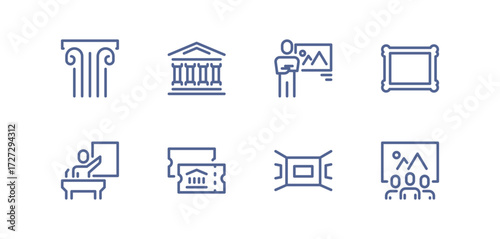 Museum icon set, ancient column, historical building, exhibition guide, picture frame, tour ticket, art gallery, visitor group, landmark monument, cultural heritage, information sign flat vector.