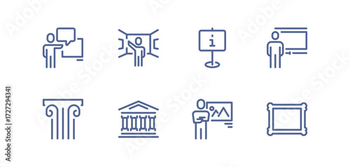 Museum icon set, ancient column, historical building, exhibition guide, picture frame, tour ticket, art gallery, visitor group, landmark monument, cultural heritage, information sign flat vector.