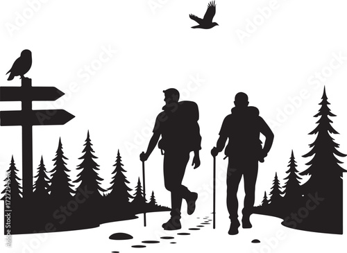 Two hikers with backpacks and walking sticks in a forest with a signpost and birds