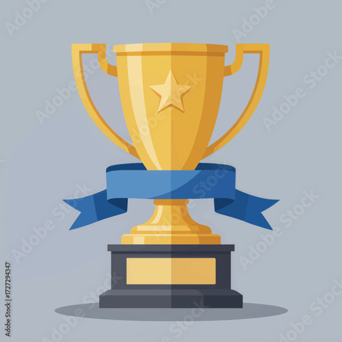 Golden Trophy with Blue Ribbon on Gray Base, Celebrating Achievement