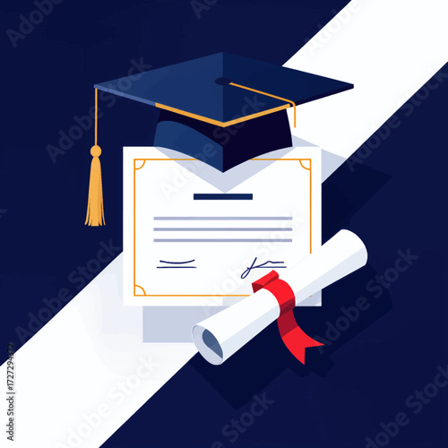 Graduation Celebration: Cap, Diploma, and Scroll on Dark Blue