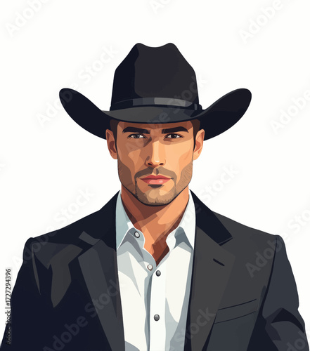Handsome Cowboy in Stylish Black Hat and Suit