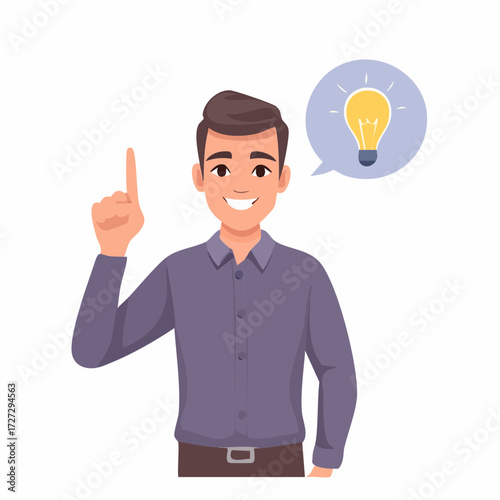 A Smiling Male Character Vector Illustration Pointing Upwards with a Speech Bubble Containing a Bright Lightbulb, symbolizing A Great Idea, Innovation, Creative Solution, or Brilliant Concept.