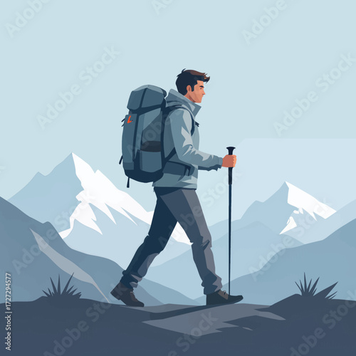 Hiker Ascending Snowy Peaks in Winter Adventure