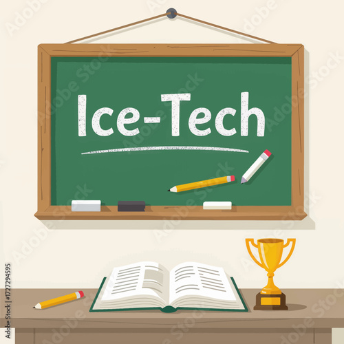 Ice-Tech Educational Scene with Chalkboard, Open Book, and Trophy