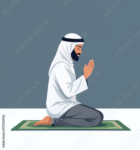 Man in Prayer on Green Mat, Traditional Attire, Serene Setting
