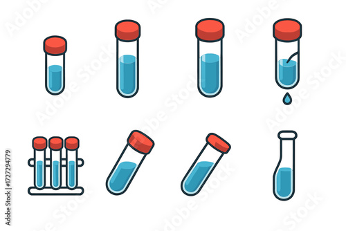 Isometric Tube Icon Set. Tube Variations set icons in modern isometric flat : small test tube, large test tube, thick test tube, thin test tube,