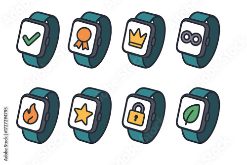 Smartwatch achievements flat icon set. featuring checkmark, medal, crown, infinity, fire, star, padlock, leaf