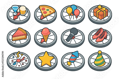 Party Spinner Icons. Party Game Spinners set icons in modern isometric flat : spinner with drinks, spinner with pizza slice, spinner with balloons,