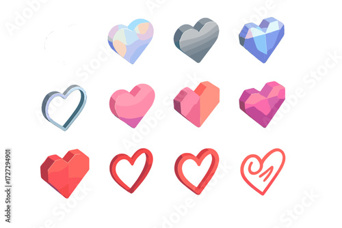 Isometric Heart Icons. Creative Hearts set icons in modern isometric flat : neon glowing heart, holographic heart, metallic heart, crystal heart,